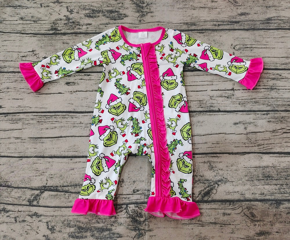 Baby Girl Long Sleeves Christmas Green Face Hearts Romper