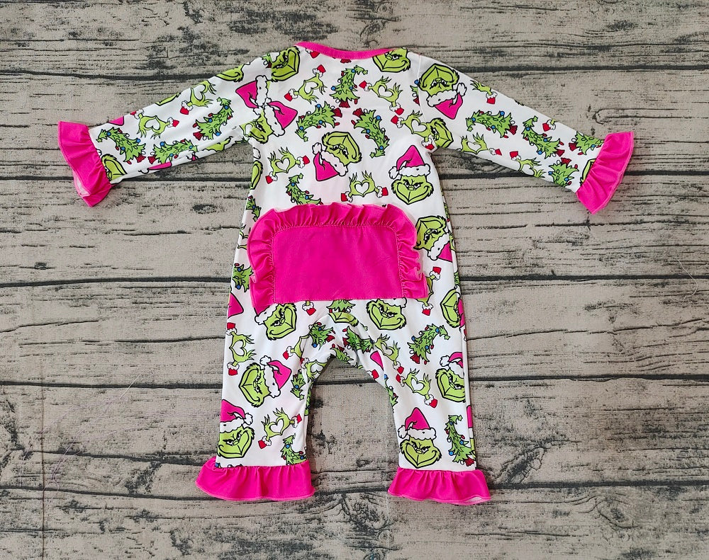 Baby Girl Long Sleeves Christmas Green Face Hearts Romper