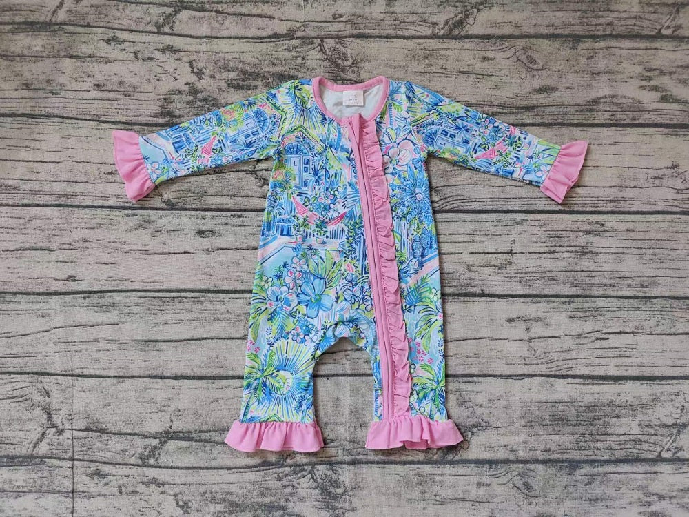 Baby Girl Long Sleeves House Flower Zipper Romper