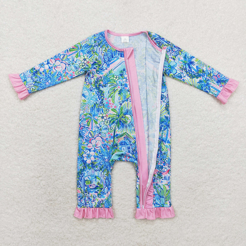 Sibling Baby Girls Kids Long Sleeves Flower House Zipper Romper Pajamas Set RTS