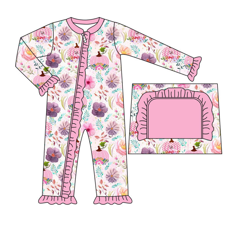 Pre-order Baby Girl Pink Pumpkins Flower Long Sleeves Romper