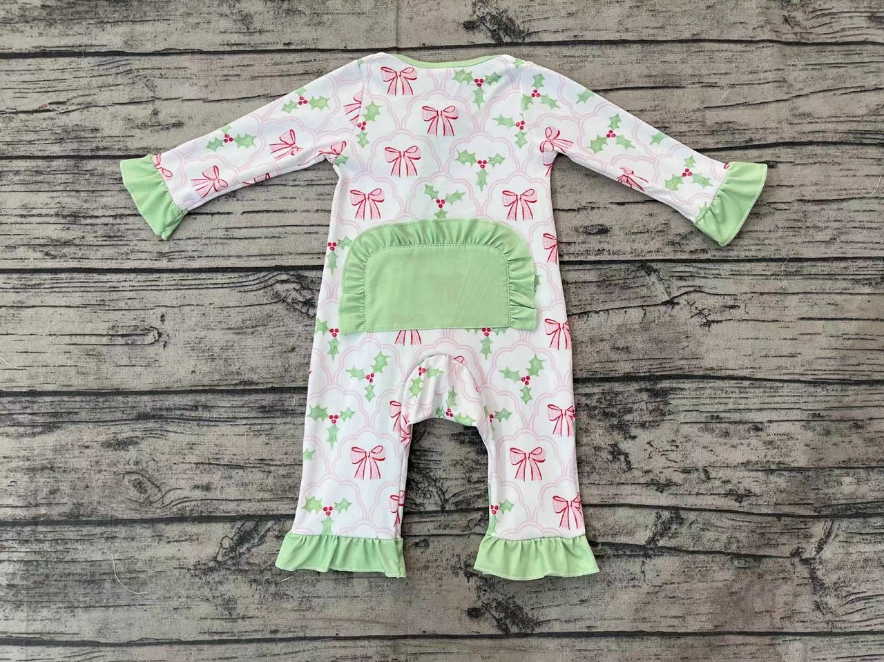 Baby Girl Long Sleeves Christmas Bows Holly Zipper Green Bamboo Romper