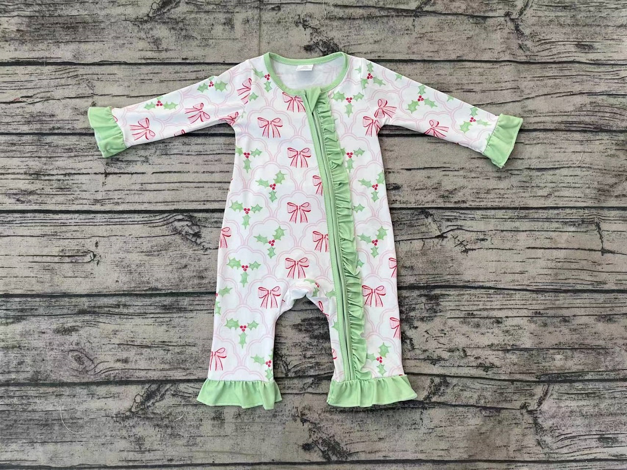 Baby Girl Long Sleeves Christmas Bows Holly Zipper Green Bamboo Romper