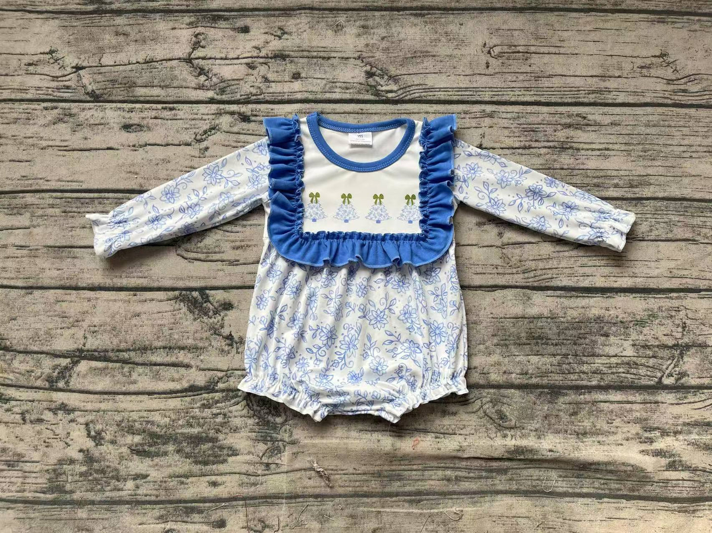 Baby Girl Long Sleeves Blue Flowers Christmas Trees Bubble Romper