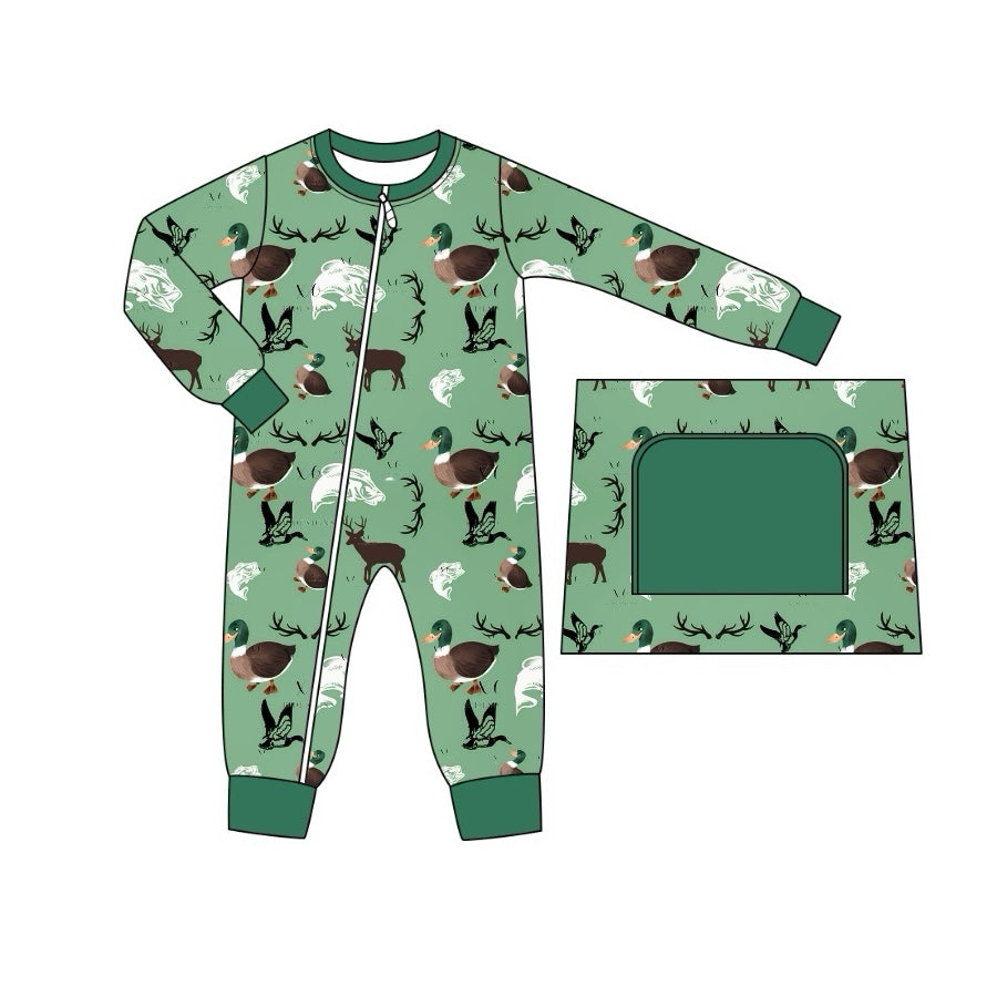 Pre-order Baby Boy Ducks Deer Green Zipper Romper