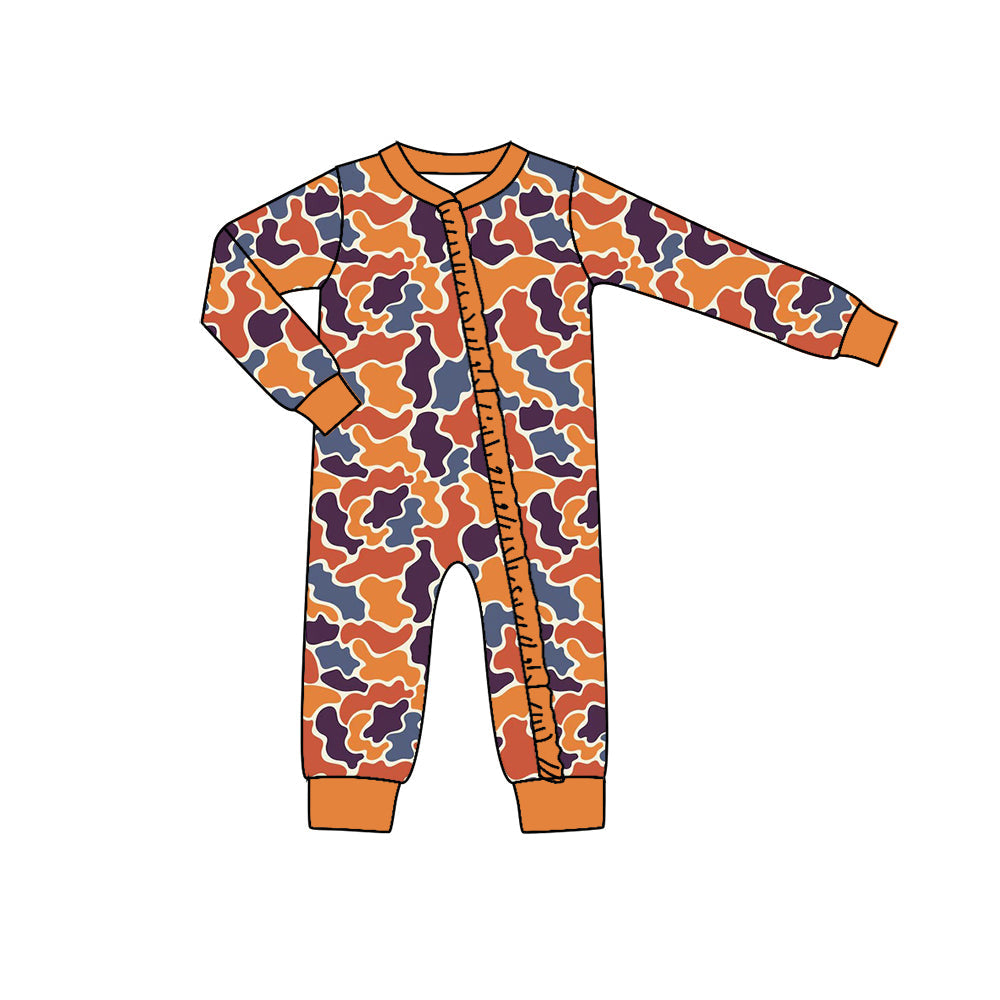 Pre-order Baby Girl Fall Navy Orange Camo Zipper Long Sleeve Romper