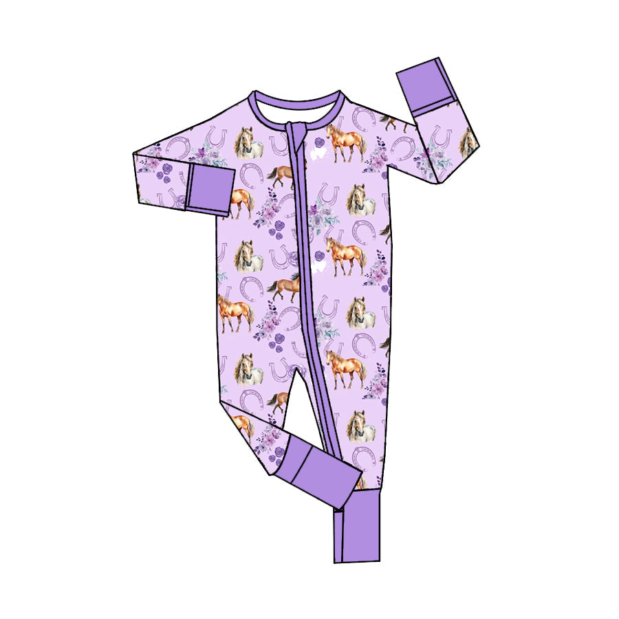 Pre-order Baby Girl Western Horse Flower Purple Zipper Romper