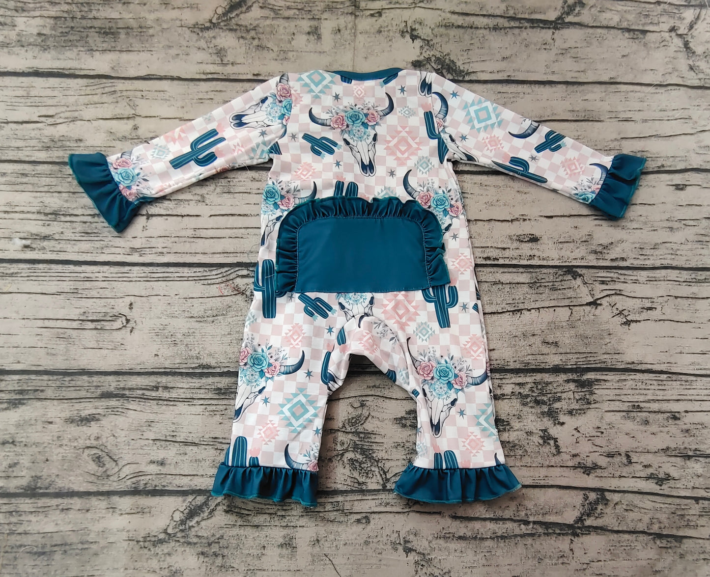 Baby Girl Long Sleeves Cow Cactus Aztec Western Zipper Bamboo Romper