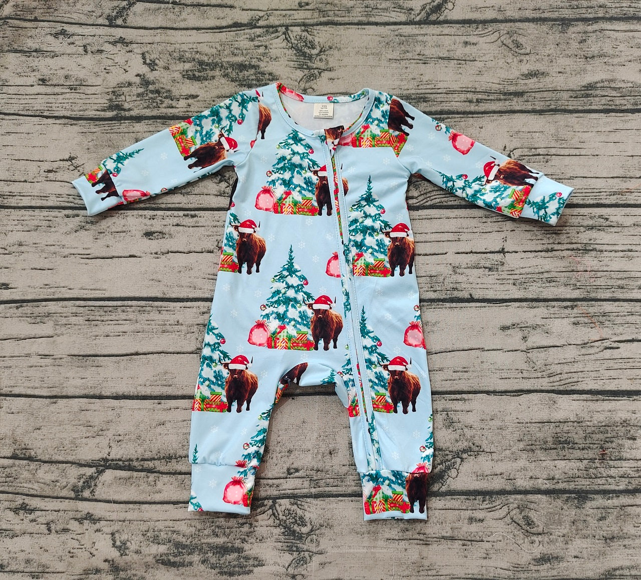 Baby Boy Christmas Western Highland Cow Zipper Bamboo Romper