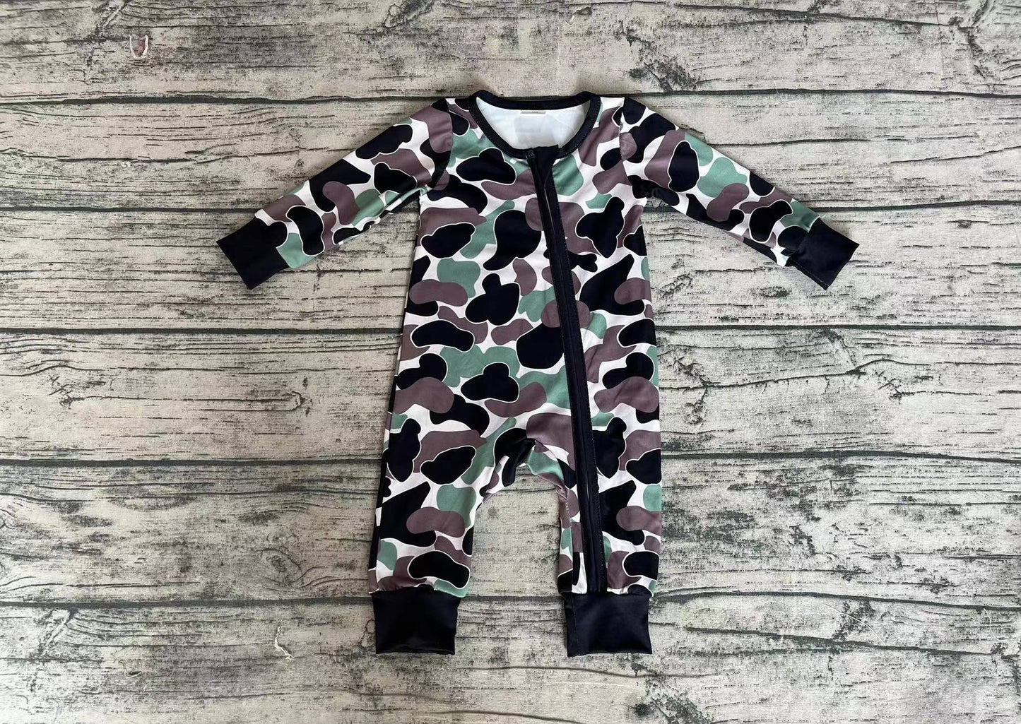 Baby Boy Long Sleeves Green Brown Camo Zipper Bamboo Romper