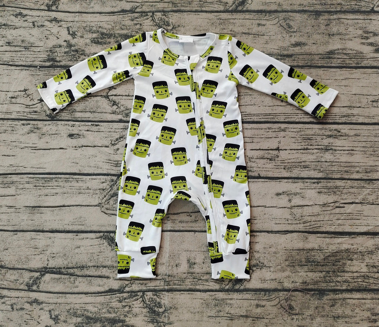 Baby Boy Long Sleeves Green Monster Halloween Zipper Romper