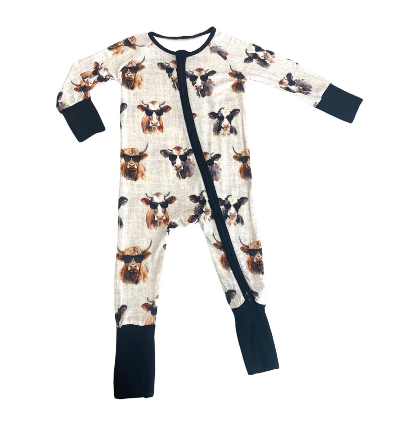Pre-order Baby Boy Western Black Cow Zipper Romper