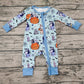 Baby Boy Halloween Blue Dogs Pumpkin Zipper Long Sleeves Romper