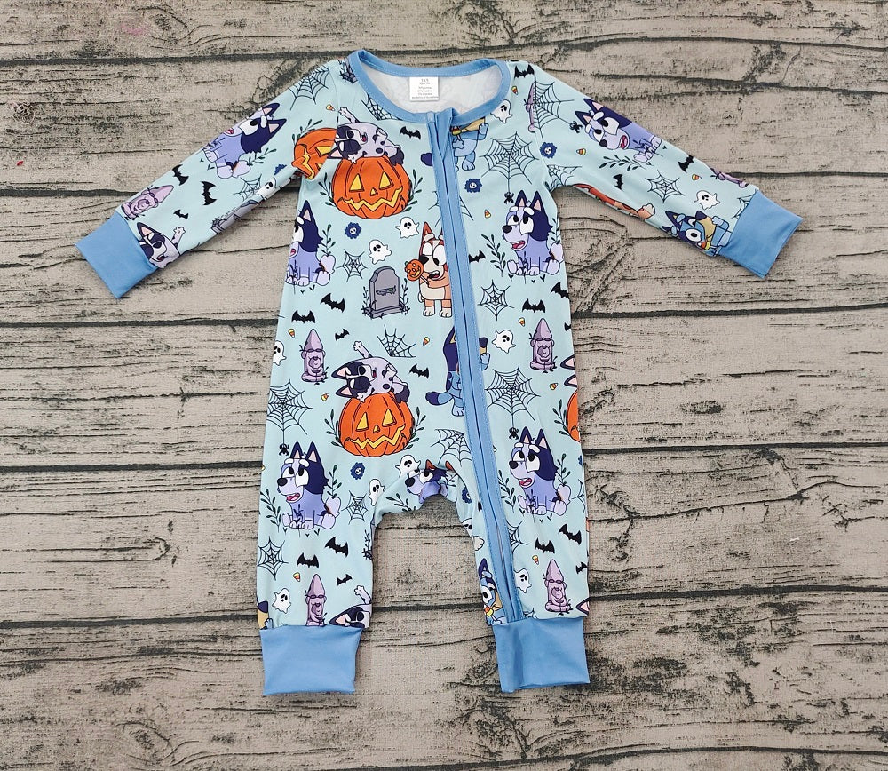 Baby Boy Halloween Blue Dogs Pumpkin Zipper Long Sleeves Romper