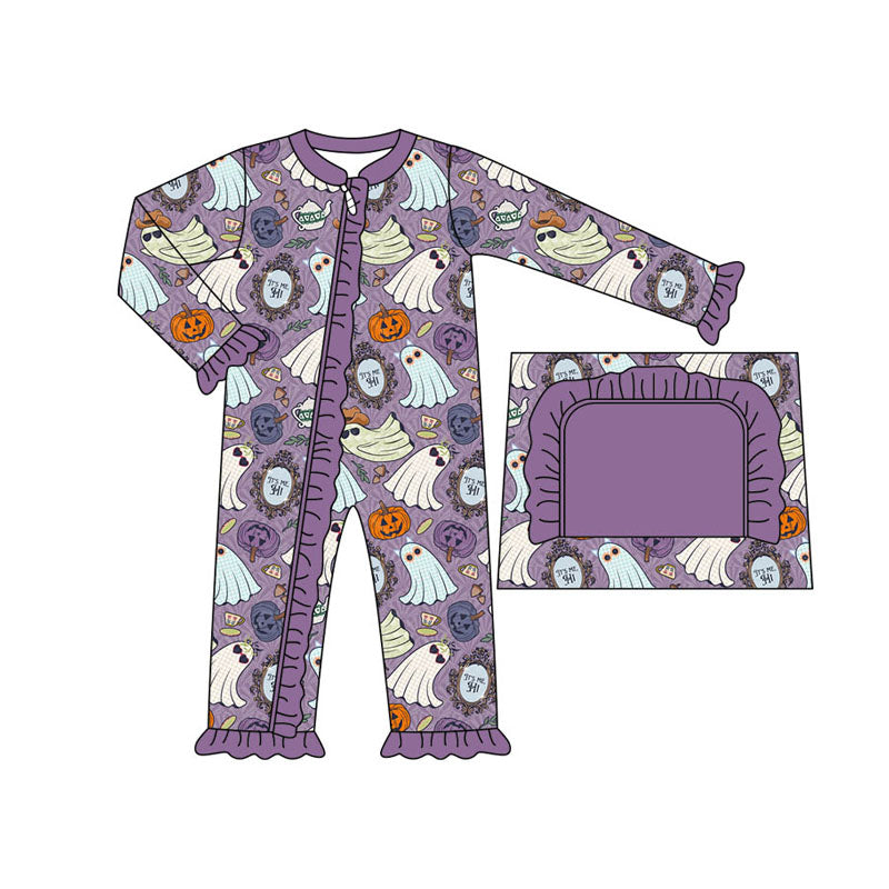 Pre-order Baby Girl Purple Halloween Ghost Long Sleeves Zipper Romper