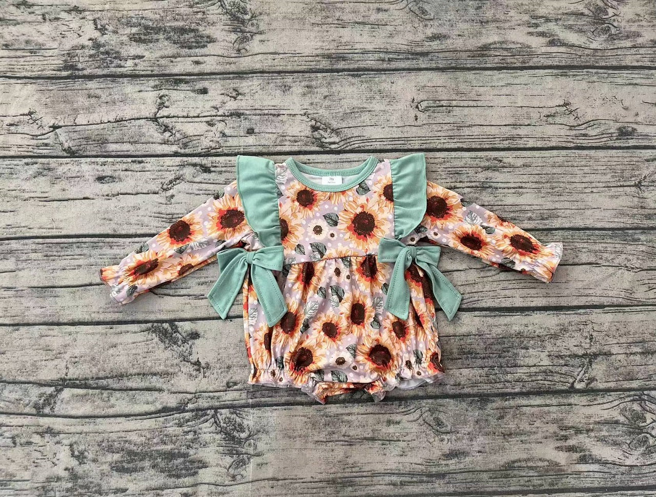 Baby Girl Long Sleeves Green Bows Flower Bubble Romper