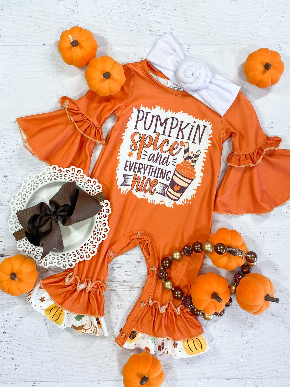 Pre-order Baby Girl Pumpkin Coffee Cup Ruffle Romper
