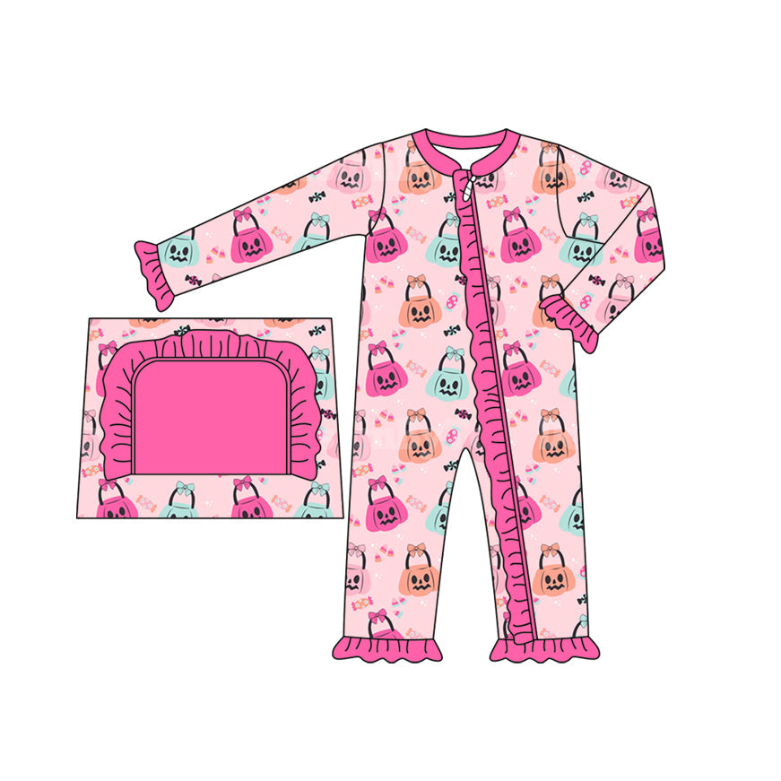 Pre-order Baby Girl Pink Halloween Pumpkins Zipper Romper