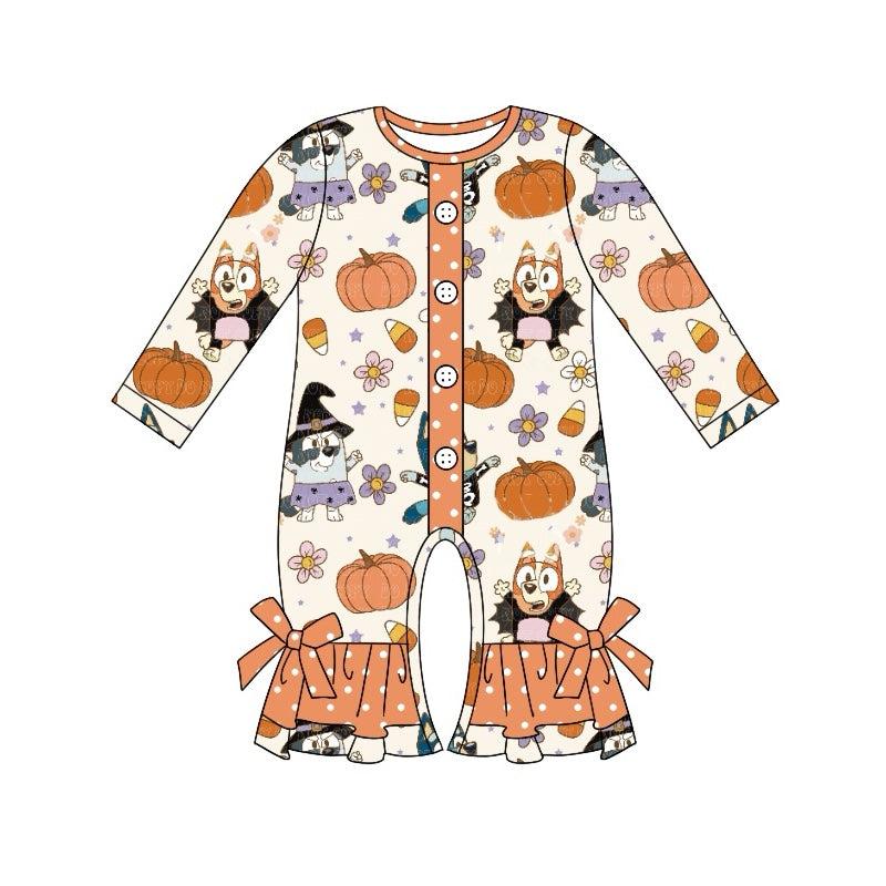 Pre-order Baby Girl Halloween Dog Pumpkin Flower Romper