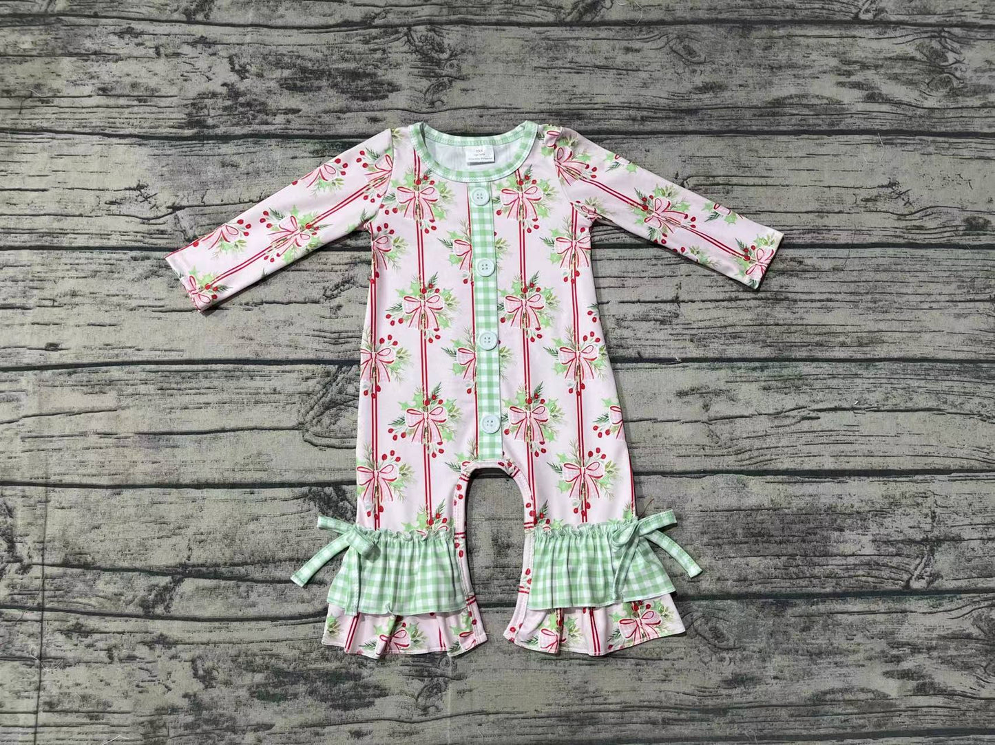 Baby Girl Christmas Holly Bows Long Sleeves Romper