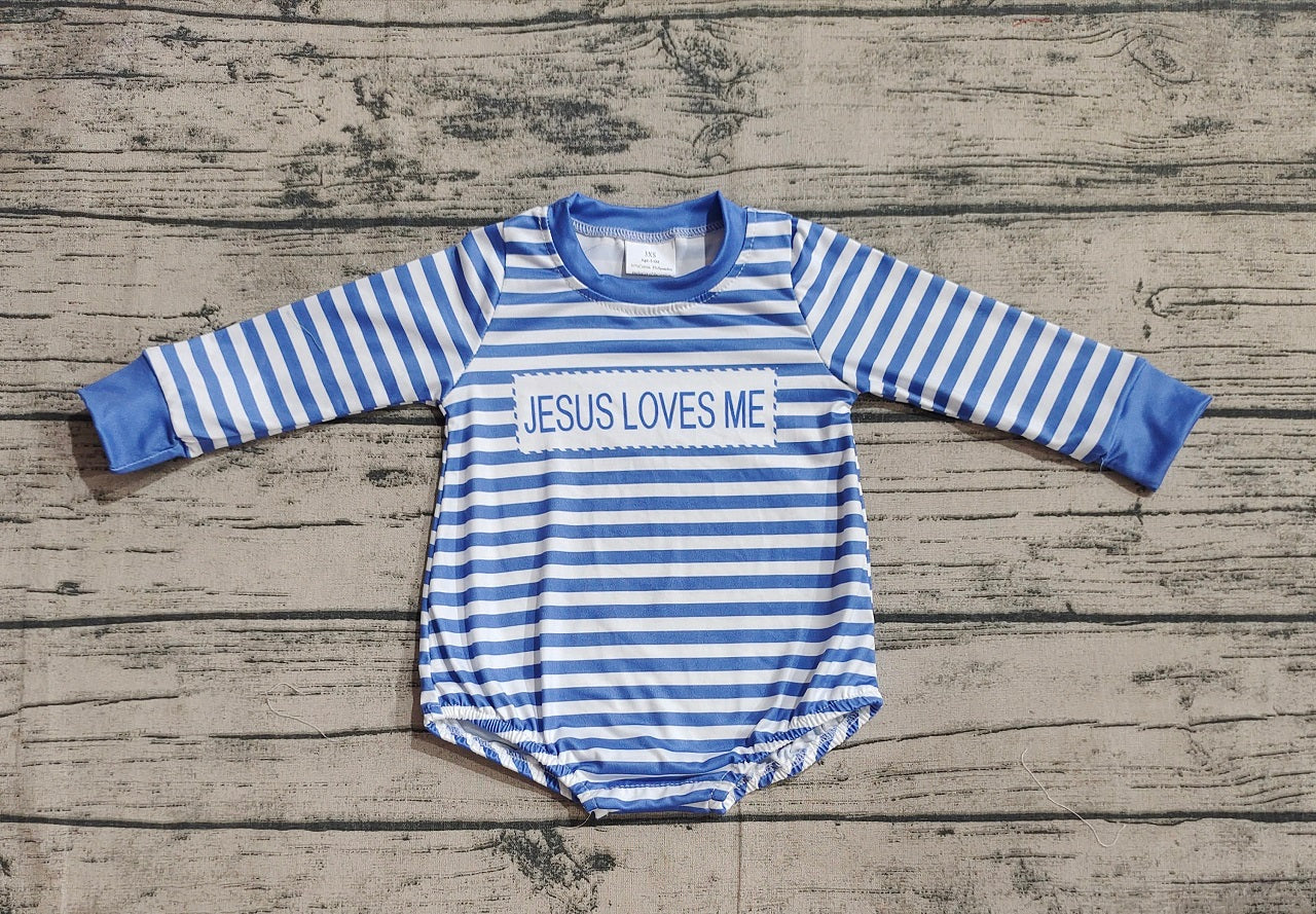 Baby Boy Long Sleeves Blue Stripes Jesus Loves Me Romper