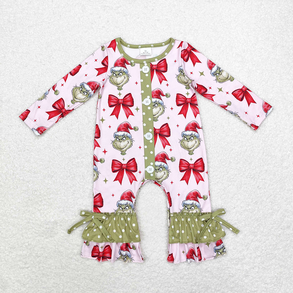 Baby Girl Long Sleeves Christmas Green Face Bows Sibling Romper Clothes Set