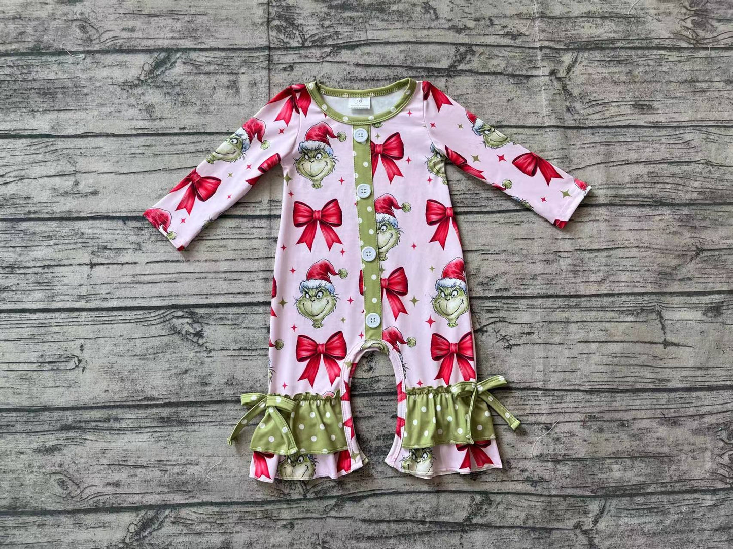 Baby Girl Christmas Green Face Bows Zipper Romper