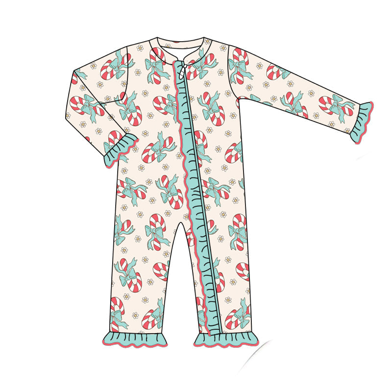 Pre-order Baby Girl Christmas Candy Cane Flower Zipper Romper
