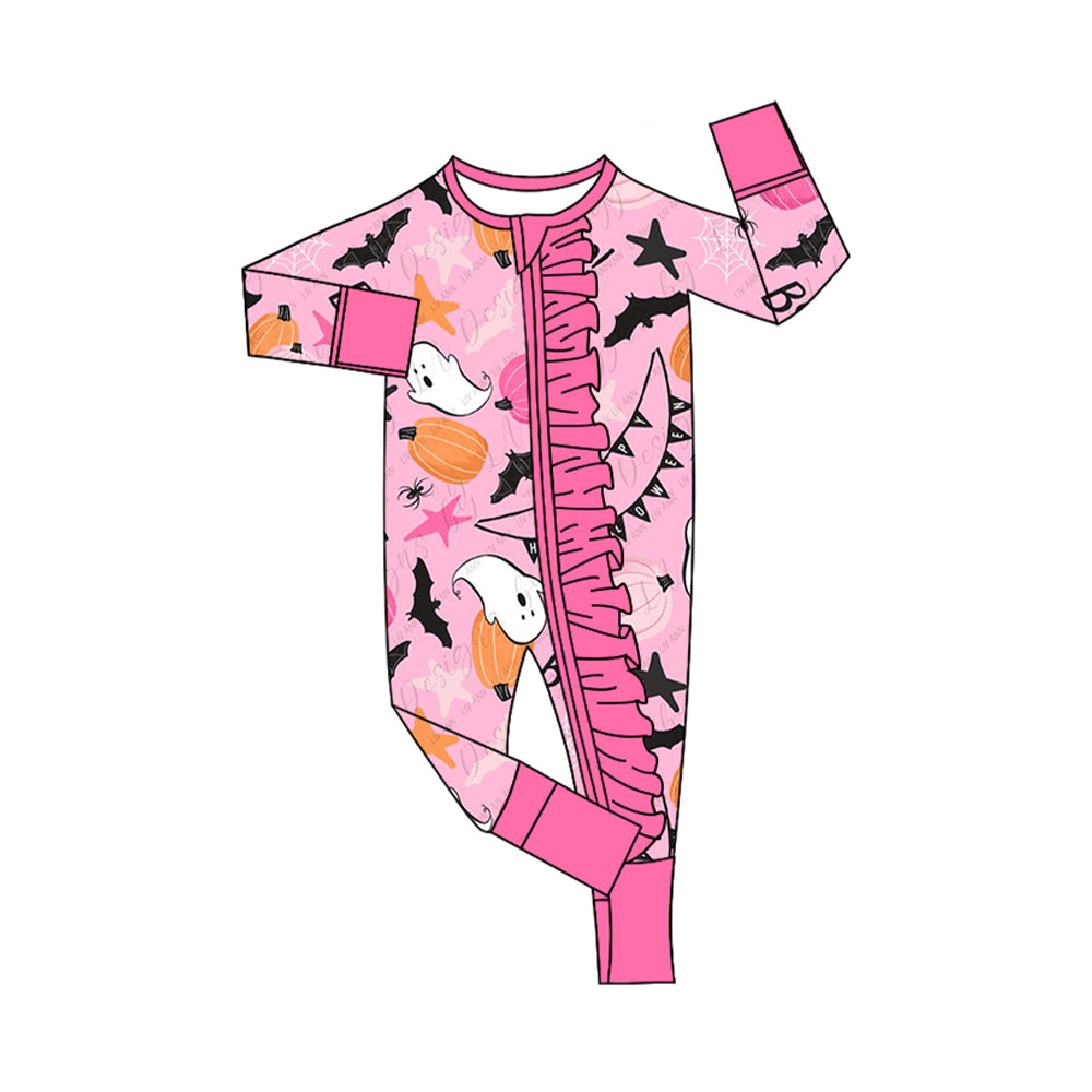 Pre-order Baby Girl Halloween Pumpkin Ghost Zipper Pink Romper