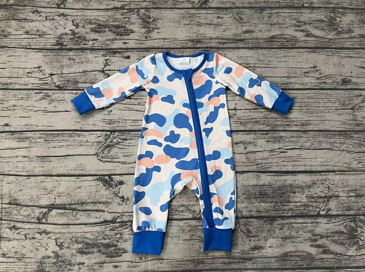 Baby Boy Long Sleeves Camo Zipper Blue Bamboo Romper