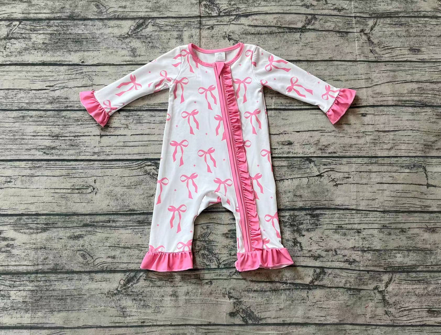 Baby Girl Long Sleeves Bows Ruffle Zipper Bamboo Pink Romper