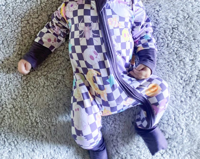 Pre-order Baby Kids Halloween Checkered Purple Zipper Romper