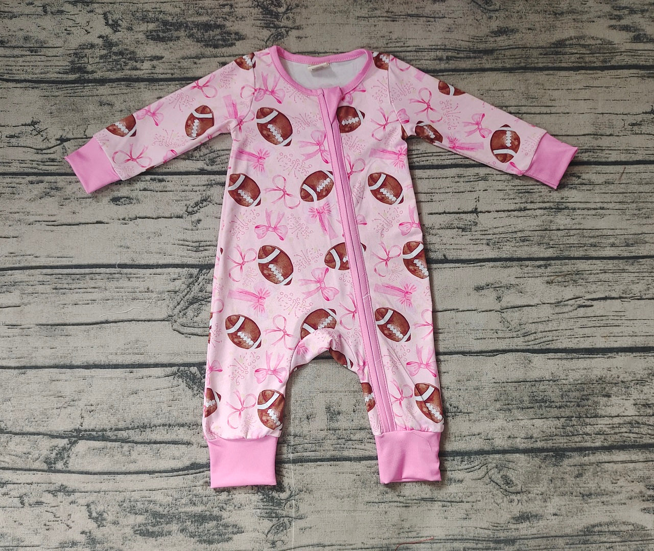 Baby Girl Long Sleeves Bows Football Zipper Pink Bamboo Romper