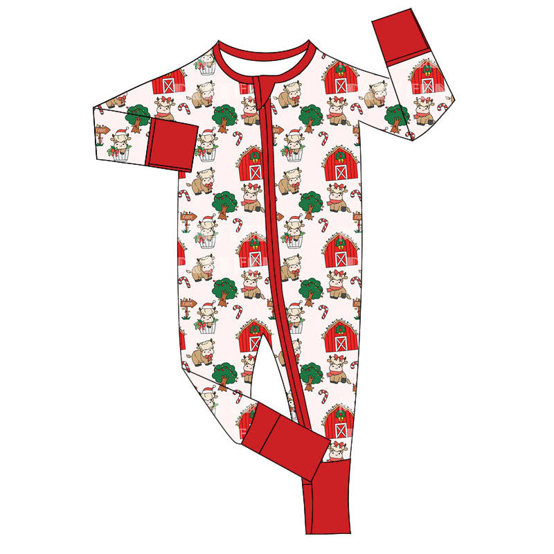 Pre-order Baby Boy Christmas Farm Candy Cows Zipper Romper