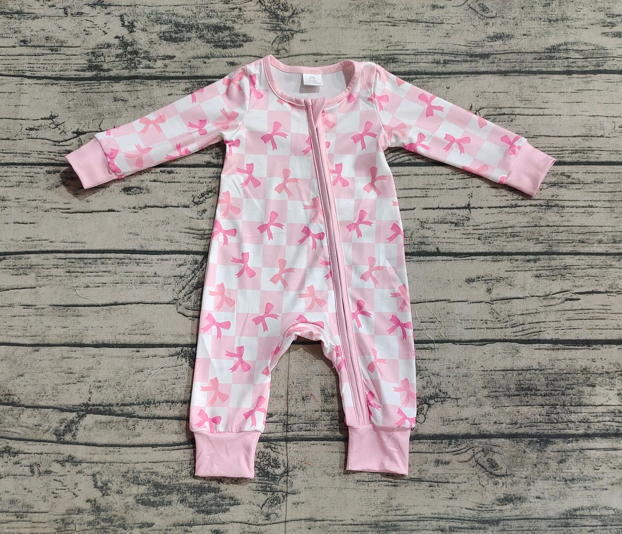 Baby Girl Long Sleeves Pink Checkered Bows Zipper Bamboo Romper