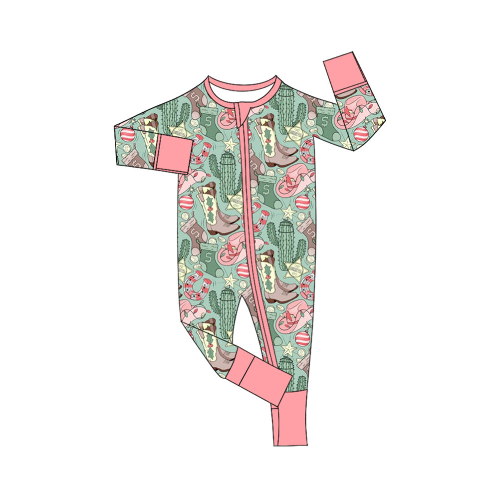 Pre-order Baby Girl Western Boots Cactus Zipper Christmas Romper