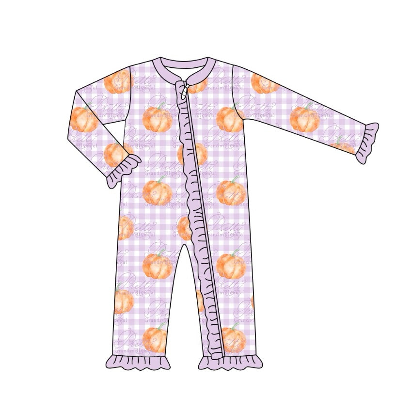 Pre-order Baby Girl Checkered Pumpkin Zipper Purple Romper