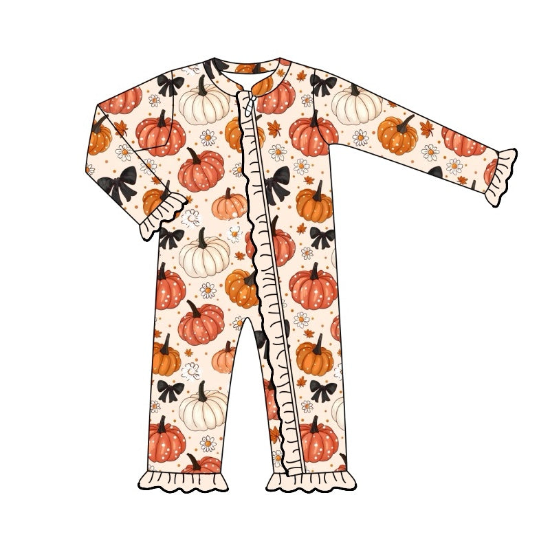 Pre-order Baby Girl Fall Flower Pumpkins Zipper Romper