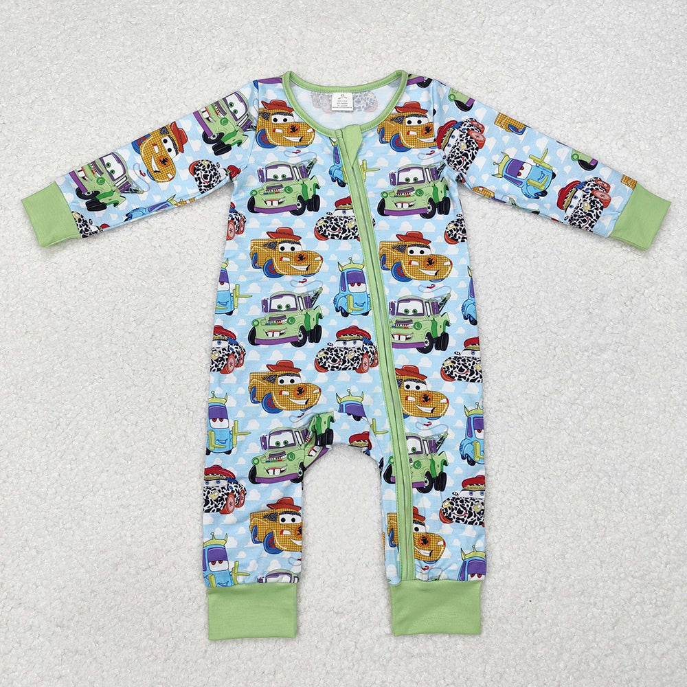 Baby Boy Girl Infant Long Sleeves Cartoon Car Sibling Green Bamboo Zipper Romper