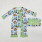 Baby Boy Girl Infant Long Sleeves Cartoon Car Sibling Green Bamboo Zipper Romper