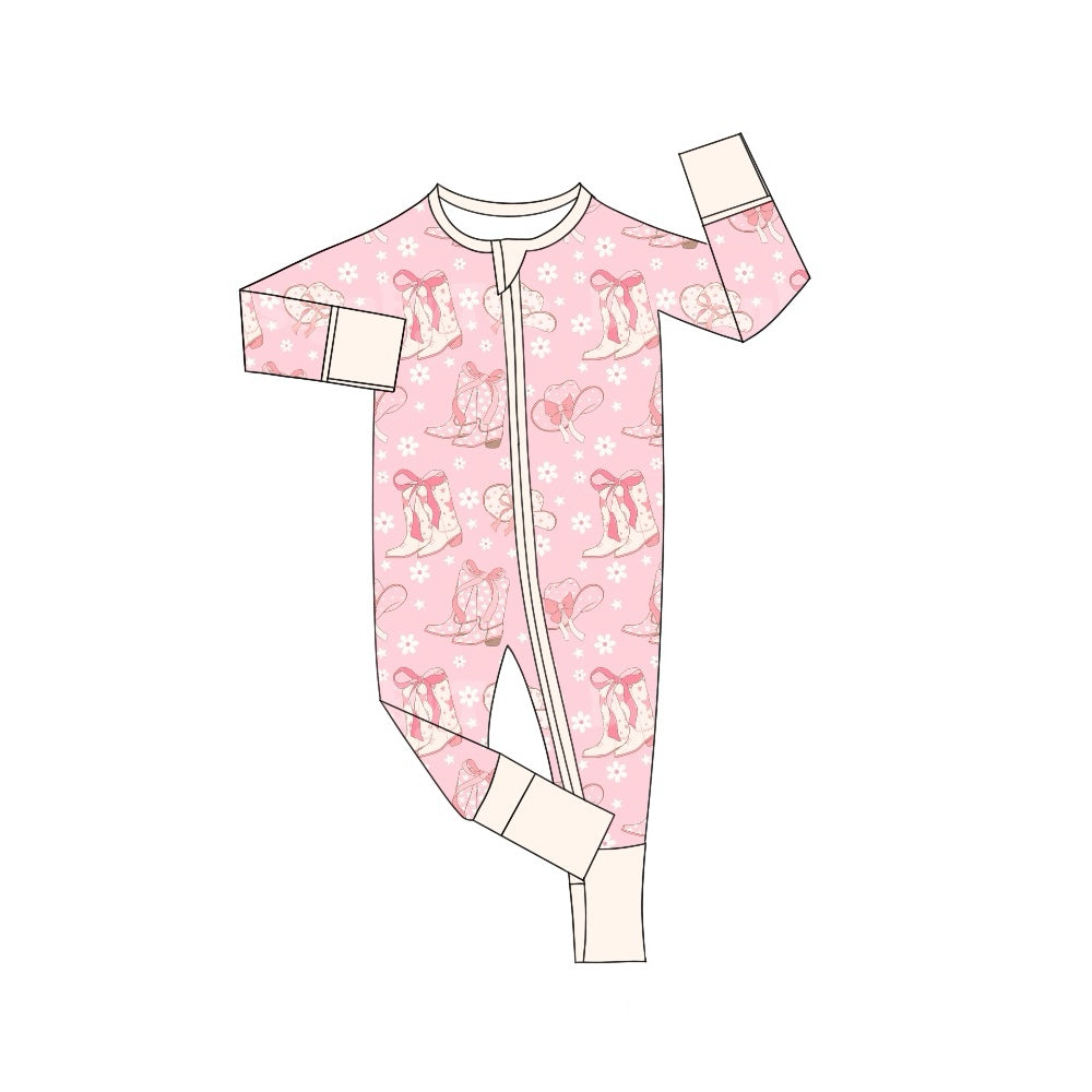 Pre-order Baby Girl Boots Hats Flower Pink Sleeper Zipper Romper