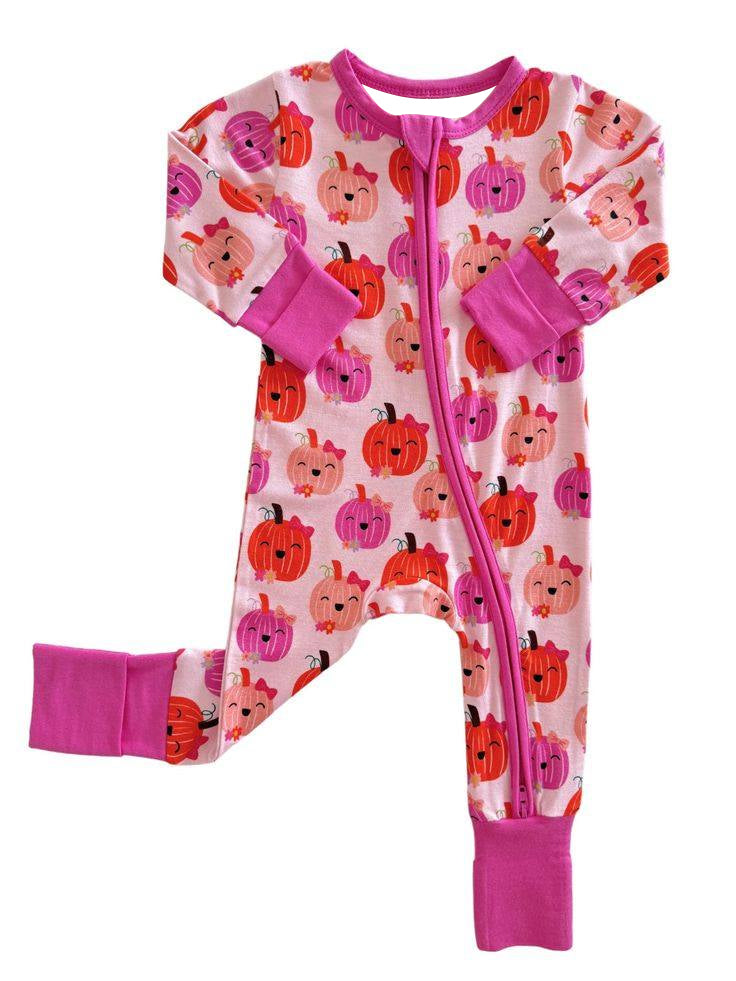 Pre-order Baby Girl Pumpkins Fall Zipper Halloween Pink Romper