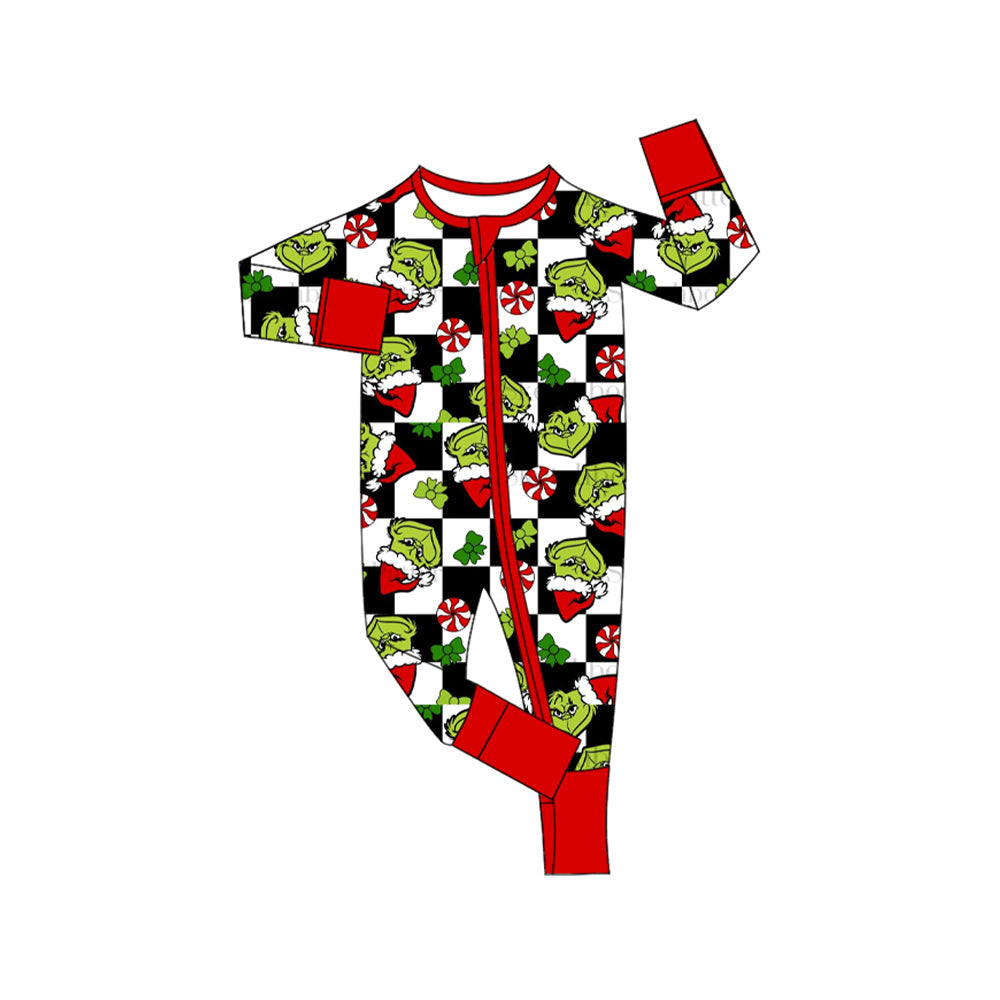 Pre-order Baby Boy Christmas Green Face Checkered Zipper Romper