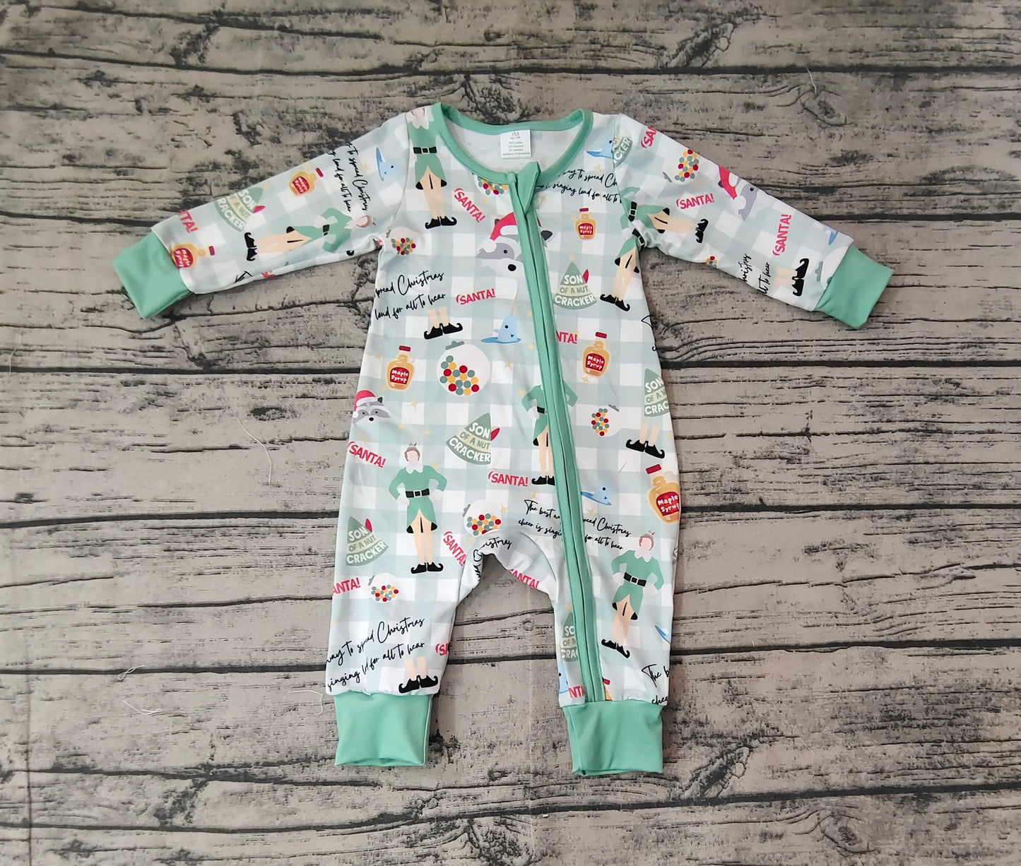 Baby Boy Long Sleeves Christmas Checkered Zipper Green Romper