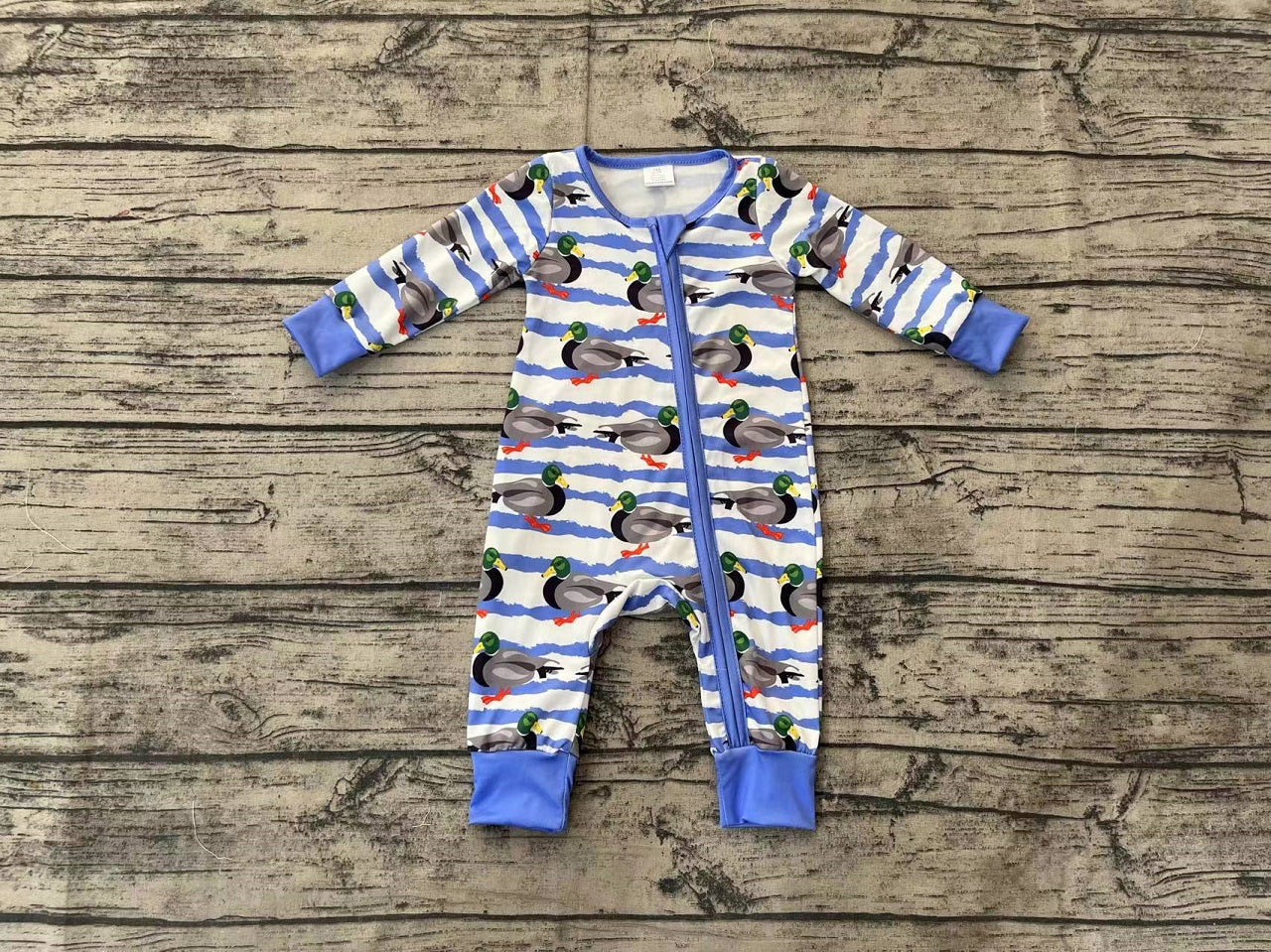 Baby Boy Long Sleeves Blue Stripes Ducks Zipper Bamboo Romper