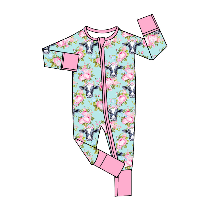 Pre-order Baby Girl Western Cow Flower Zipper Romper