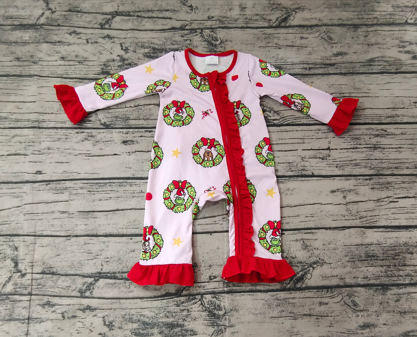 Baby Girl Christmas Green Face Zipper Pink Bamboo Romper