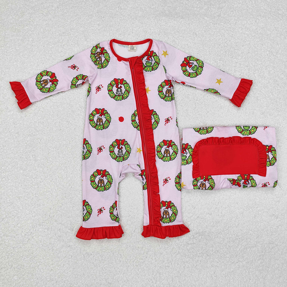 Baby Girl Long Sleeves Christmas Face Bamboo Sibling Pink Bamboo Romper Pajamas Set