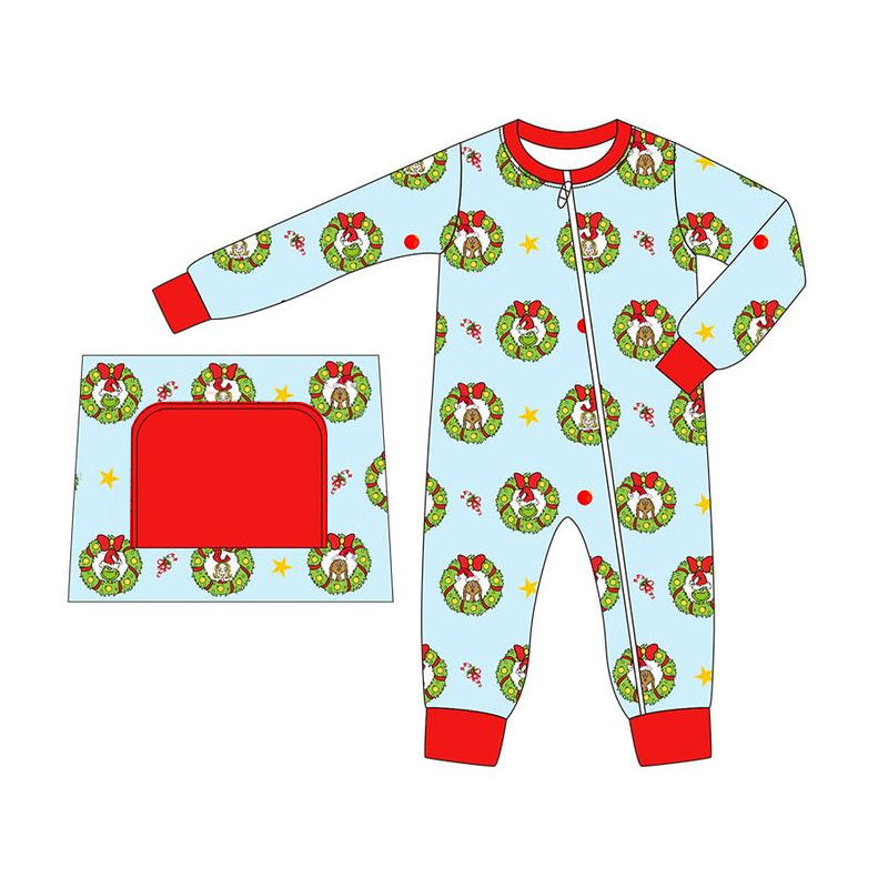 Pre-order Baby Boy Christmas Green Face Zipper Romper