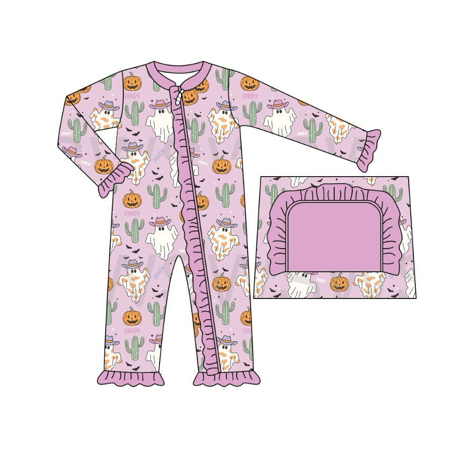 Pre-order Baby Girl Halloween Pumpkin Ghost Cactus Western Zipper Romper